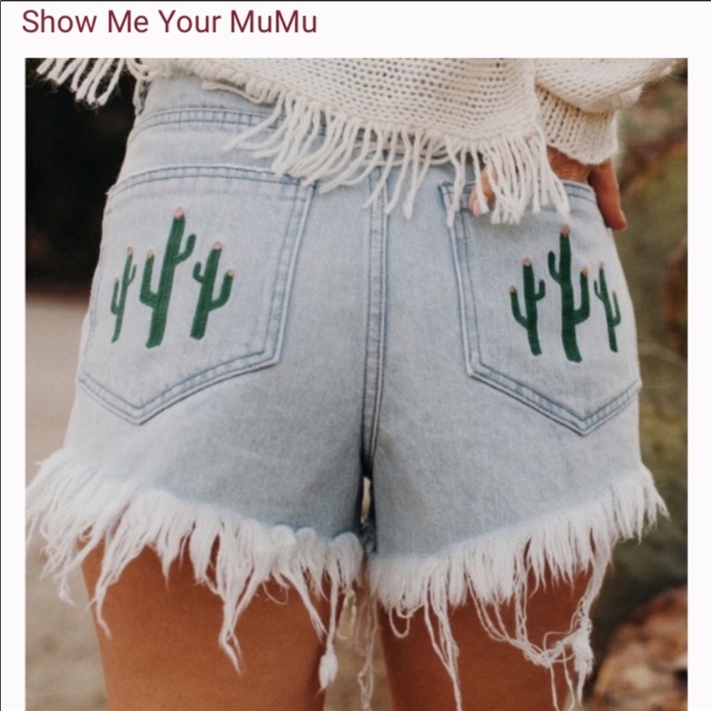 Show Me Your MuMu Light Wash Denim Shorts with Green Cactus Embroidery